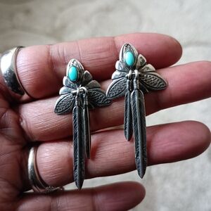 Silver and Turquoise Feather Earrings
